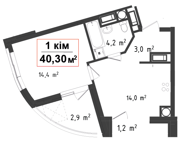 1 кімнатна квартира 40.30 м²