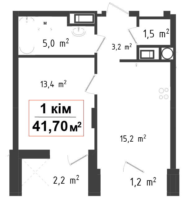1 кімнатна квартира 41.7 м²