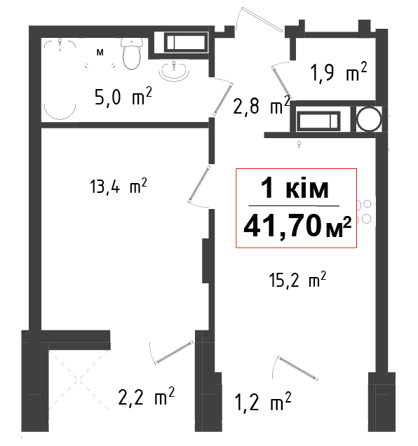 1 кімнатна квартира 41.7 м²