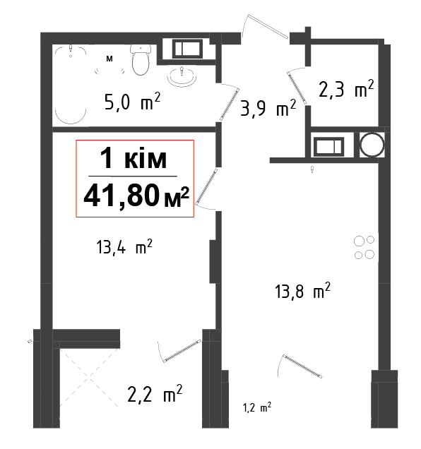 1 кімнатна квартира 41.8 м²