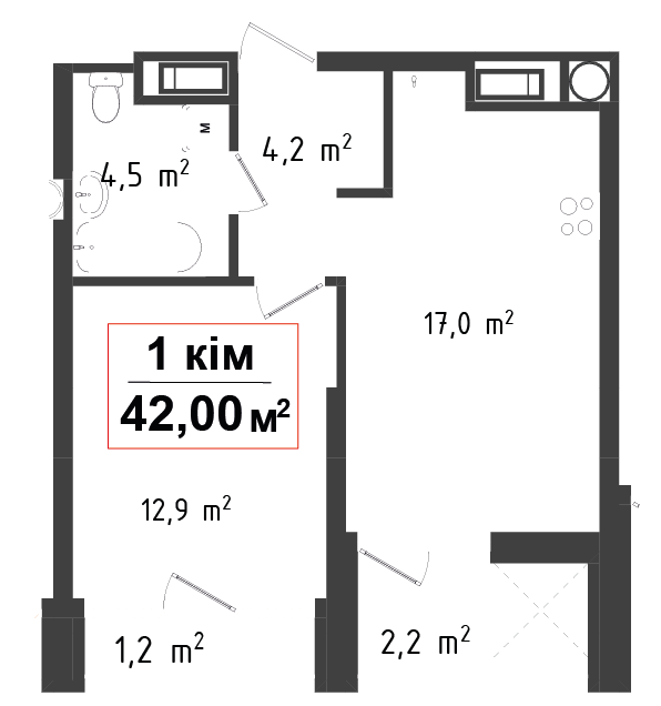 1 кімнатна квартира 42 м²