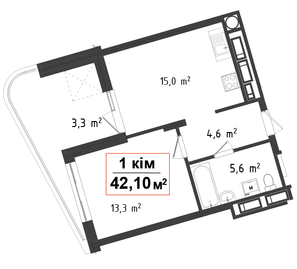 1 кімнатна квартира 42.1 м²
