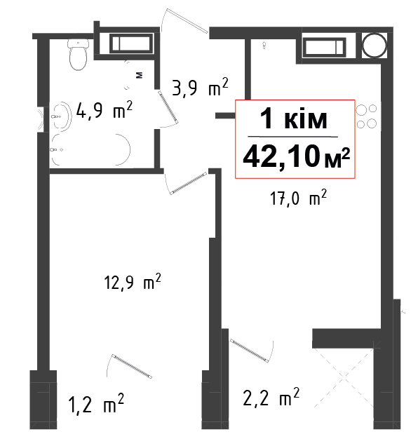 1 кімнатна квартира 42.1 м²