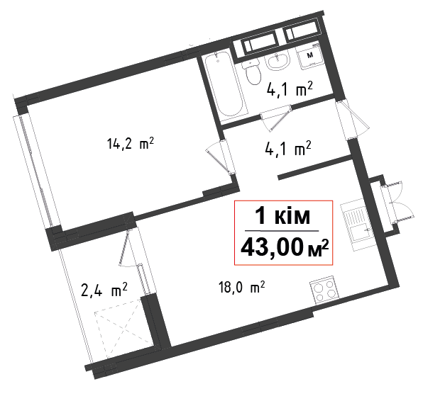 1 кімнатна квартира 43 м²