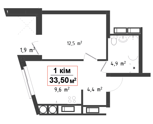 1 кімнатна квартира 33.5 м²