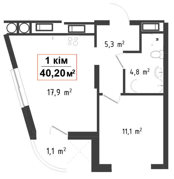 1 кімнатна квартира 40.2 м²