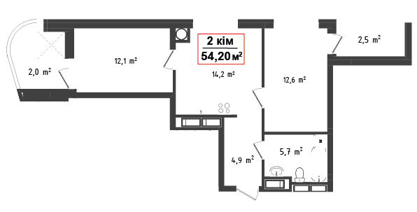 2 кімнатна квартира 54.2 м²