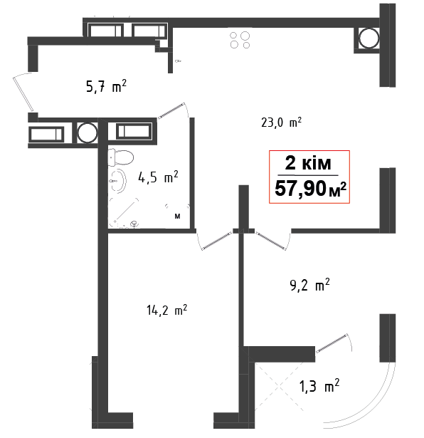 2 кімнатна квартира 57.9 м²