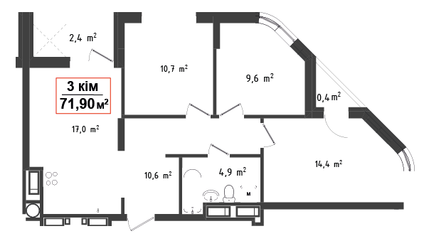 3 кімнатна квартира 71.9 м²
