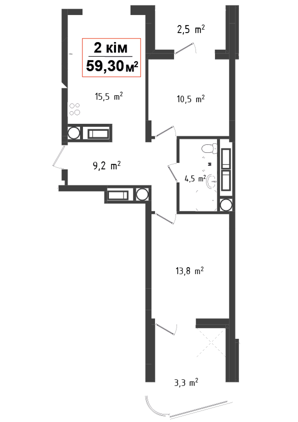 2 кімнатна квартира 59.3 м²