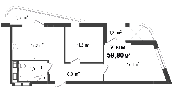 2 кімнатна квартира 59.8 м²