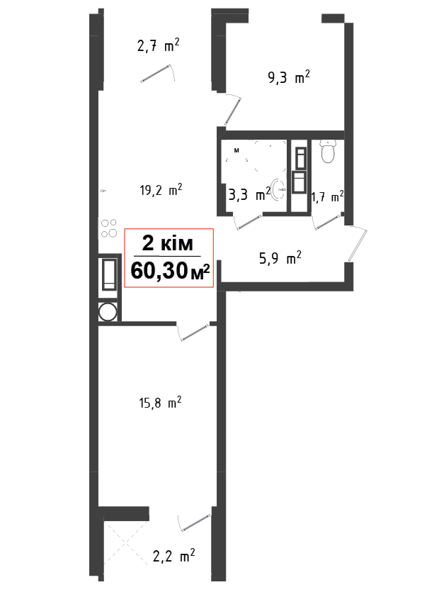 2 кімнатна квартира 60.3 м²
