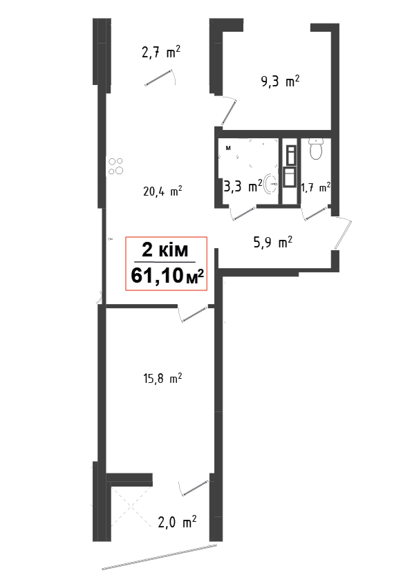 2 кімнатна квартира 61.1 м²