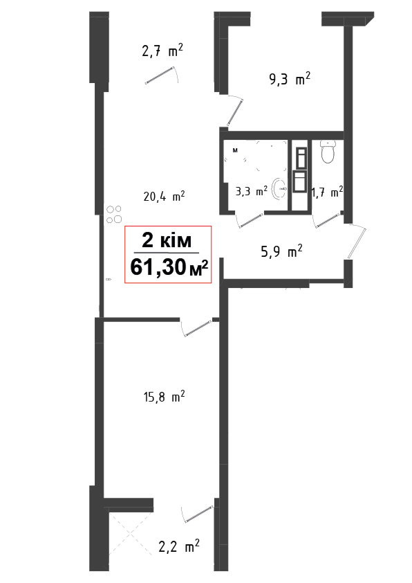 2 кімнатна квартира 61.3 м²