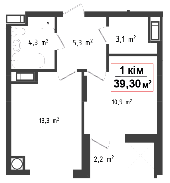 1 кімнатна квартира 39.3 м²