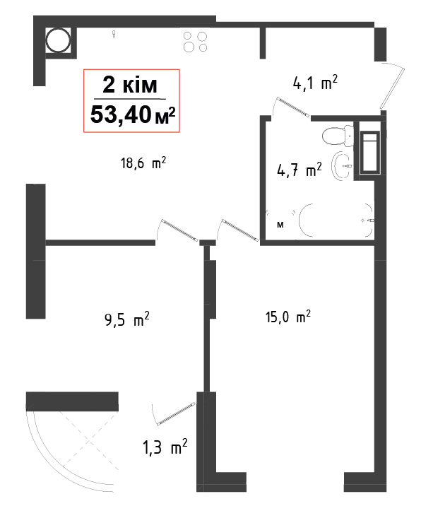2 кімнатна квартира 53.4 м²