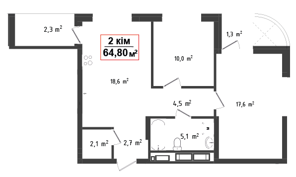 2 кімнатна квартира 64.8 м²