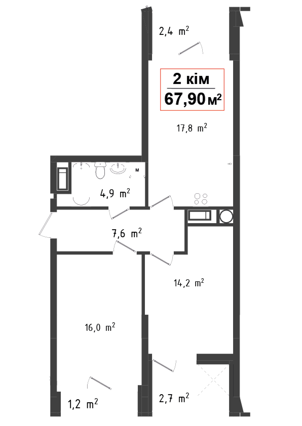 2 кімнатна квартира 67.9 м²