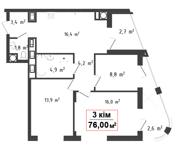3 кімнатна квартира 76 м²
