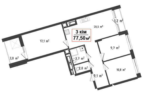 3 кімнатна квартира 77.5 м²