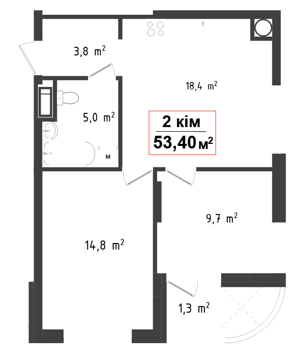 2 кімнатна квартира 53.4 м²
